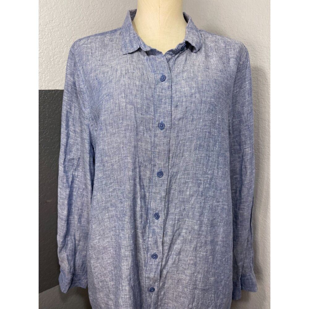 Garnet Hill‎ Easy Linen Tunic Shirt Dress L Blue Chambray Button Up Long Coastal - Picture 3 of 13